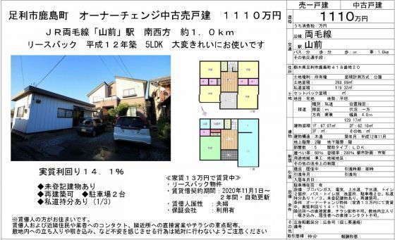 足利市鹿島町 戸建貸家 月130千円で貸出中 空き家活用研究所